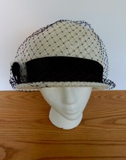 Vtg Ladies Bowler Hat White Cellophane Straw Black Netting Sunday Best Church