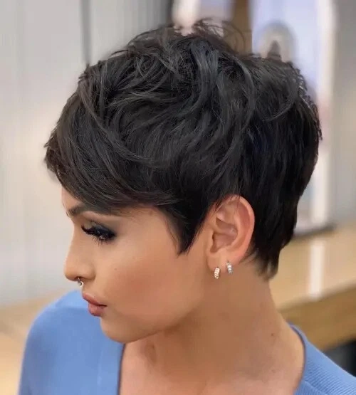 Black Human Hair Short Pixie Cut Wigs for Women Pixie Wavy Hair Wig with Bangs - Image 2 of 4