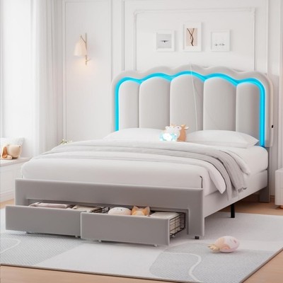 Marco De Cama Plataforma Con Almacenaje Cabecera Tapizada Terciopelo FULL LED