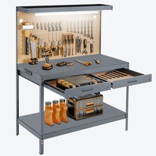 Workbench with Power Outlets and Light A3 Steel Work Table with Drawers Pegboard