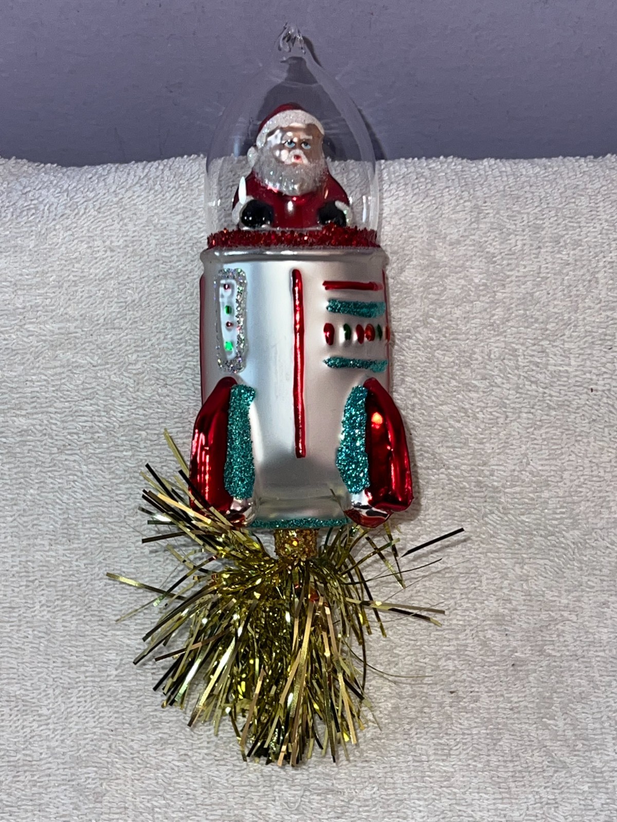 Christmas ornament blown glass rocket ship santa inside gold tinsel ...