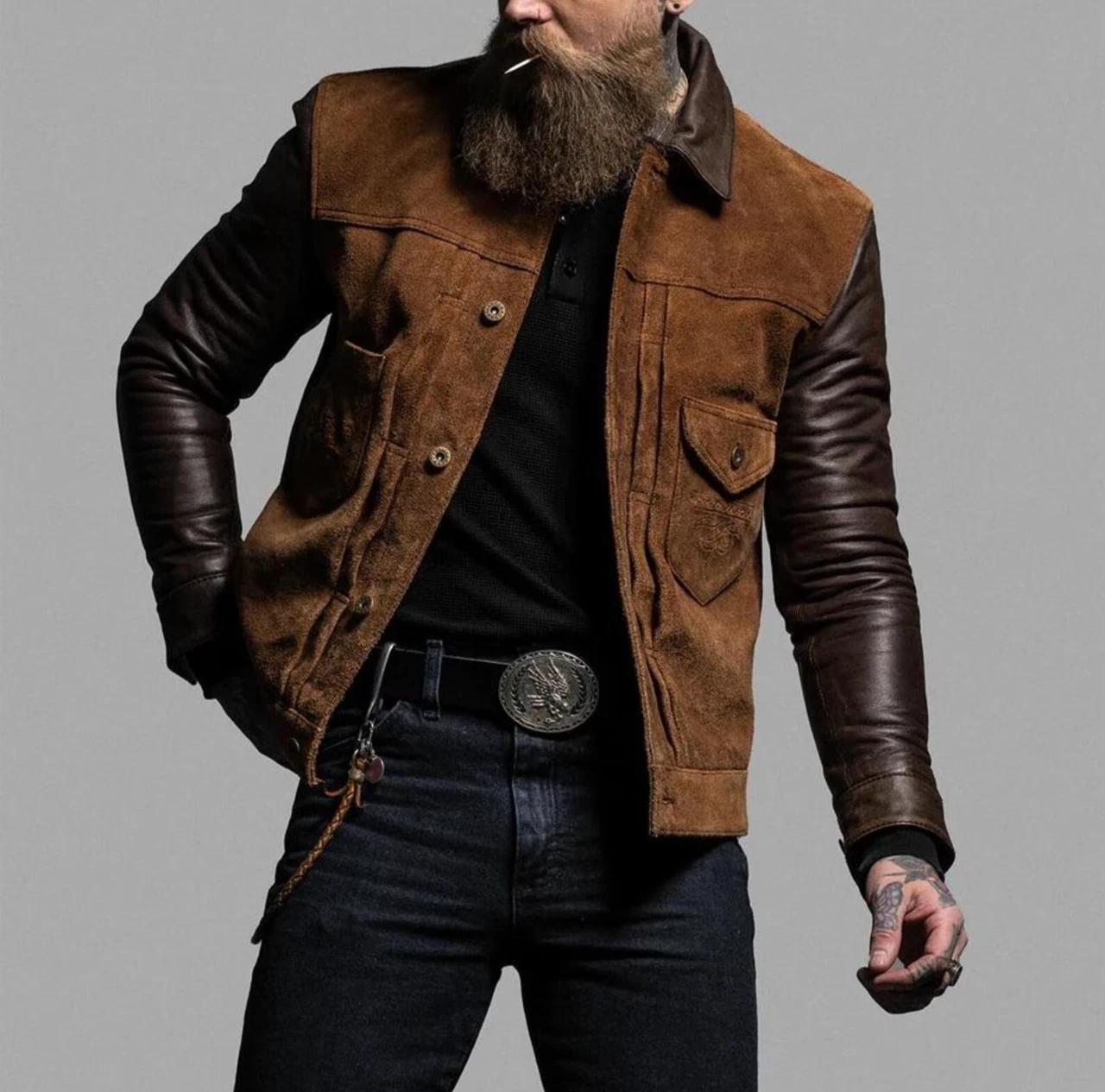 Men's Suede Leather Trucker Jacket Brown Two Tone Biker Western Vintage Coat