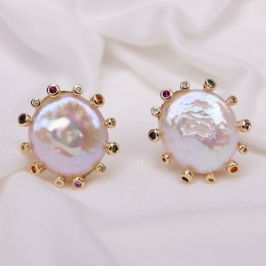 Authentic Cultured White Coin Keshi Pearl Stud Earrings CZ Pave Gold Plated Earring