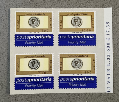 ITALY 2001 - PRIORITY POST 1200 LIRE 0.62 EURO QUARTINA RUBBER INTEGRAL MNH**