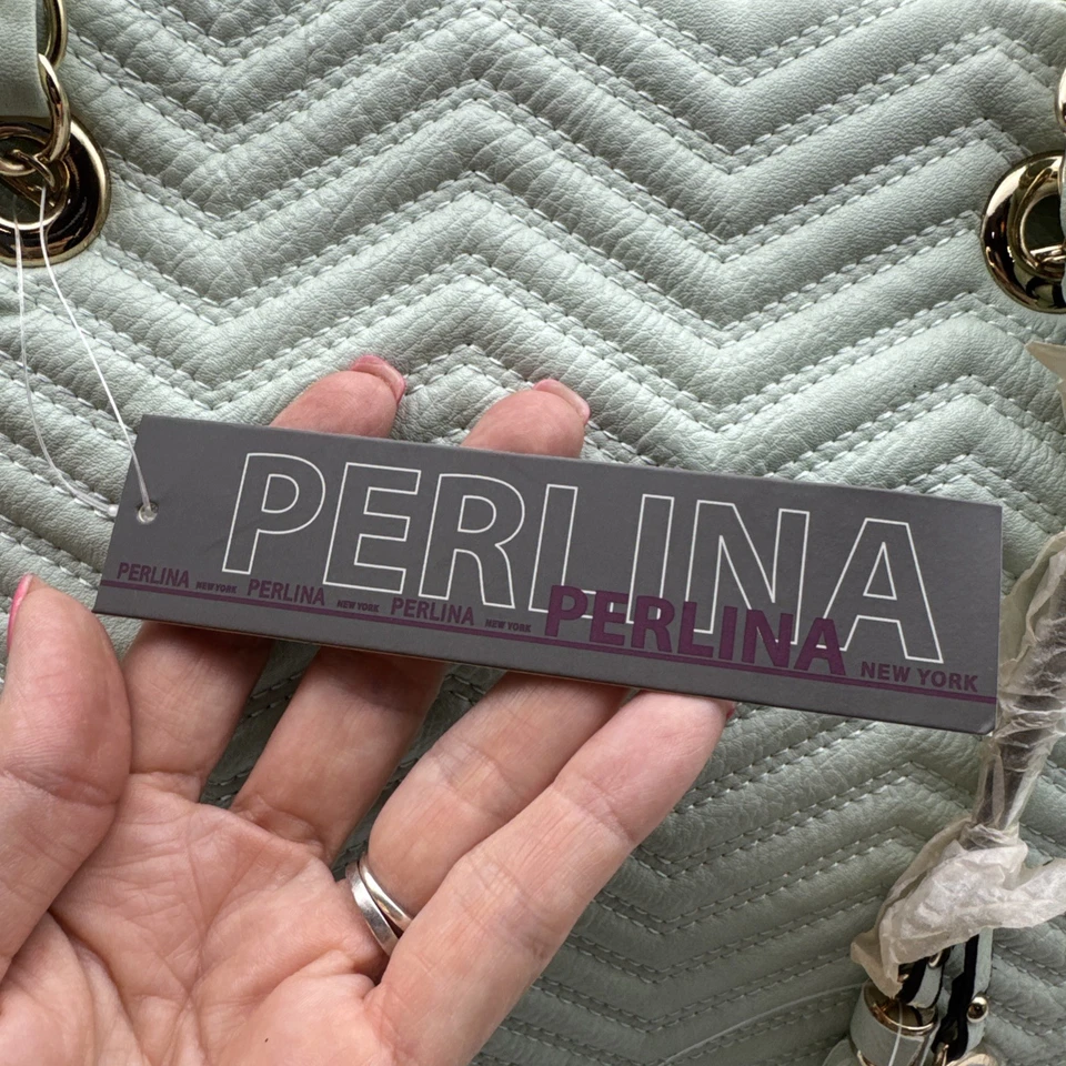 PERLINA NEW YORK QUILTED FASHION TOTE, CHAIN PURSE HANDBAG, Mint $180 Retail - Image 3 of 4