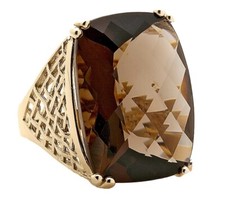 LARGE SMOKY QUARTZ RING 925 STERLING SILVER YELLOW TONE ORNATE SETTING Sz 5.5