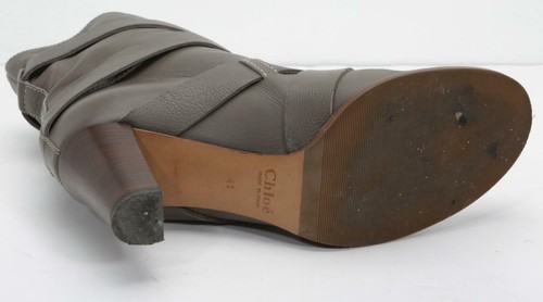 CHLOE Womens Taupe Leather Buckle Round-Toe Block High Heel Mid-Calf Boots 11-41 - Picture 6 of 8