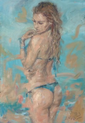 GERRY MILLER -. Original Artwork.''Bather'' oil paint on cardboard.42x29cm