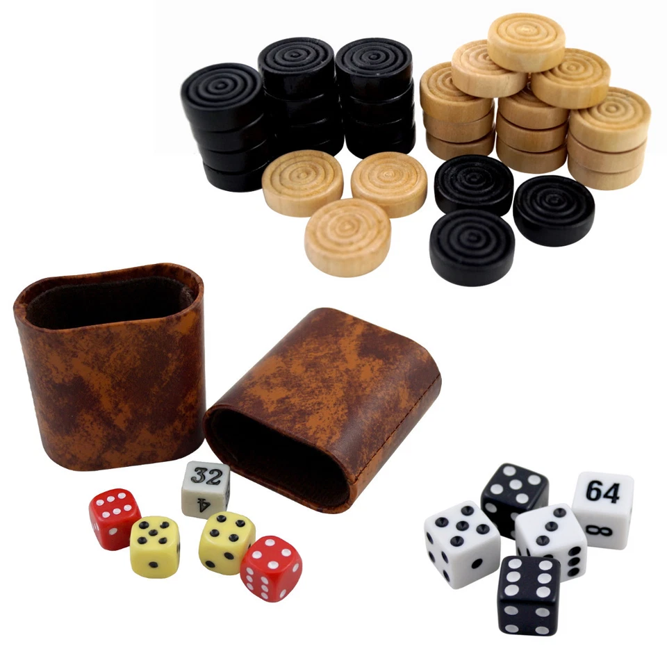 Backgammon Spielsteine Würfel Würfelbecher Verdopplungswürfel Dame Holz Steine
