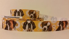 Grosgrain Ribbon, Saint Bernard Doggies Puppies on Yellow Sunflowers, 7/8" Wide