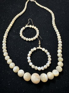 Vintage Mother of Pearl Beaded Necklace 16 Inch & 2 Inch Hoop Earrings