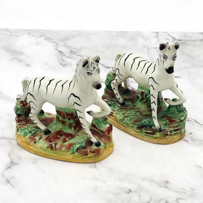 Antique Staffordshire Zebra Figurines Staffordshire Porcelain Hand Painted Pair