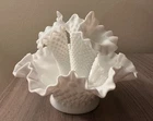 Vintage Fenton Epergne Trumpet Vase Hobnail 3 Horn Ruffled Bowl Milk Glass