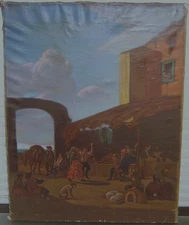 Antique Landscape Figures Oil Painting Italian Feast Dancers for Restoration