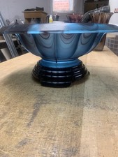 Vintage George Davidson Art Deco Blue Cloud Glass Bowl On Black Plinth 14” Dia