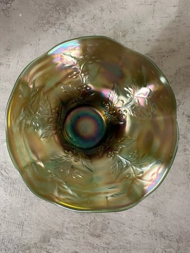 Vintage Fenton Green Carnival Glass Holly Pattern Ruffled Hat Vase Antique 6”