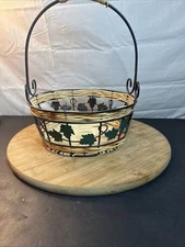 vintage Light Tan  wicker and Green metal basket With Leaf Design