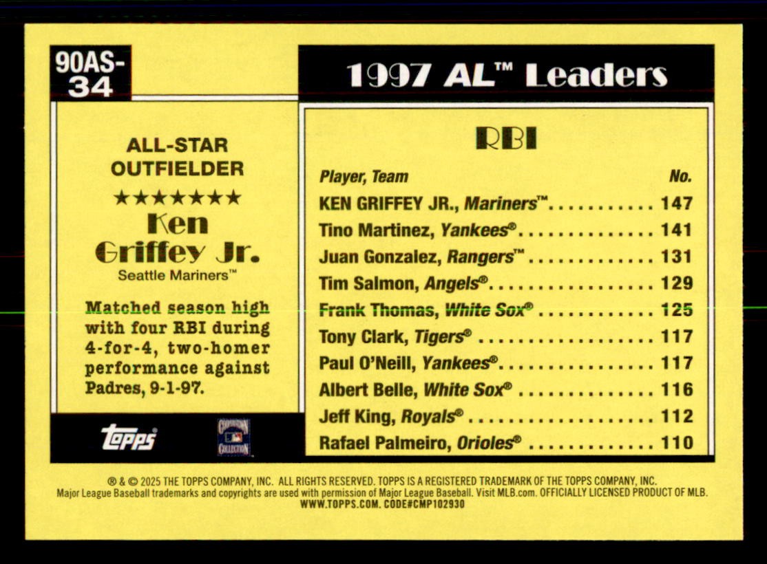 1990年 ケン ・ グリフィー Jr.入りランダムセット2534 Ken Griffey Jr. #90ASC-34 Prices | 2025 Topps 1990 Chrome