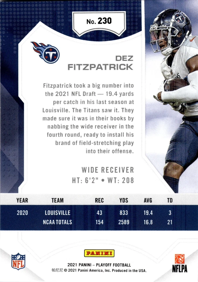 2021 Panini Playoff - Rookies Dez Fitzpatrick #230 (RC)  - Image 2 of 2