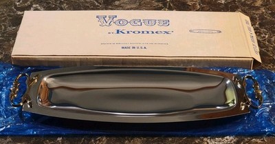  Vintage 60s Vogue Kromex Chrome Finish 18'' Long Bread & Roll Serving Tray NOS