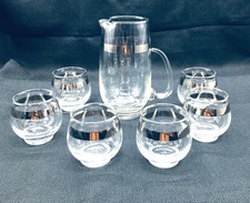 Vintage MCM Silver Band Libbey Cocktail Pitcher and 6 Glasses Mid Century Modern
