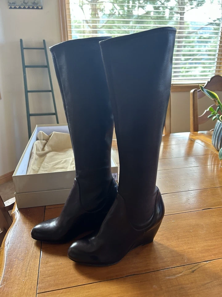 Sergio Rossi Knee-high Pull On Brown Leather Stretch Boots - Image 2 of 4