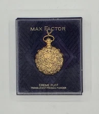 Vintage Max Factor Golden Lark Creme Puff Powder Compact Pocket Watch Necklace 