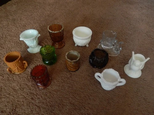 Vtg Mixed Lot 11 Colored Glass Milk Glass Slag Agate Carnival Toothpick Holders