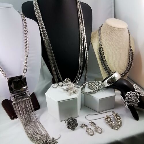 Vintage Mix Jewelry Lot Necklaces Earrings Bracelet Costume Silver-Tone, Signed - Picture 1 of 12