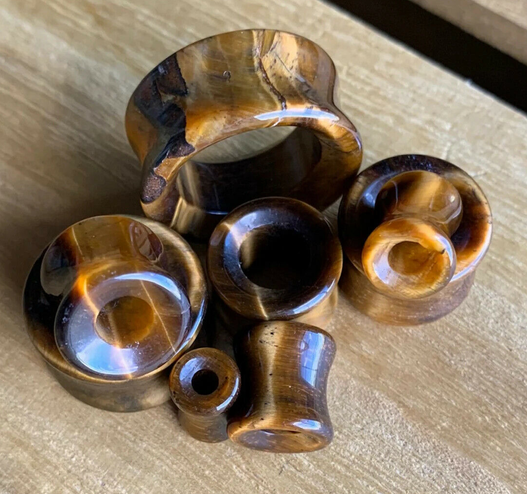 Flared Plugs Tiger Eye Plugs PAIR Tiger Eye Organic Stone Tunnels