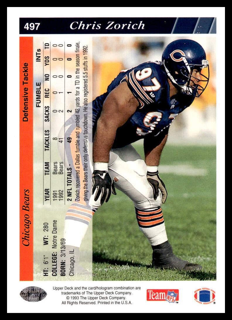 1993 Upper Deck #497 Chris Zorich Chicago Bears Football Card | eBay