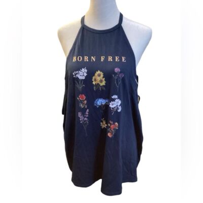 Born Free Floral Print Halter Tank Top Navy Blue Boho Summer Festival Wear