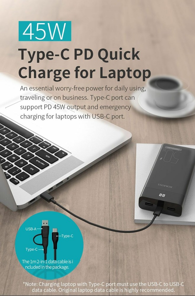 20000mAh PD QC Power Bank Fast Charging for Phones Laptops