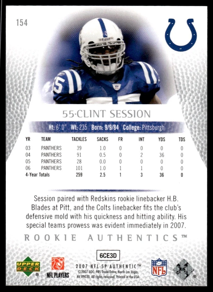 2007 SP Authentic Clint Session Rookie 1034/1399 Indianapolis Colts #154 R102 - Image 2 of 2