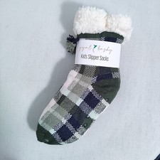 Slipper Socks For Kids Unisex Green Plaid by Gyal Bashy 100 Polyester Lining