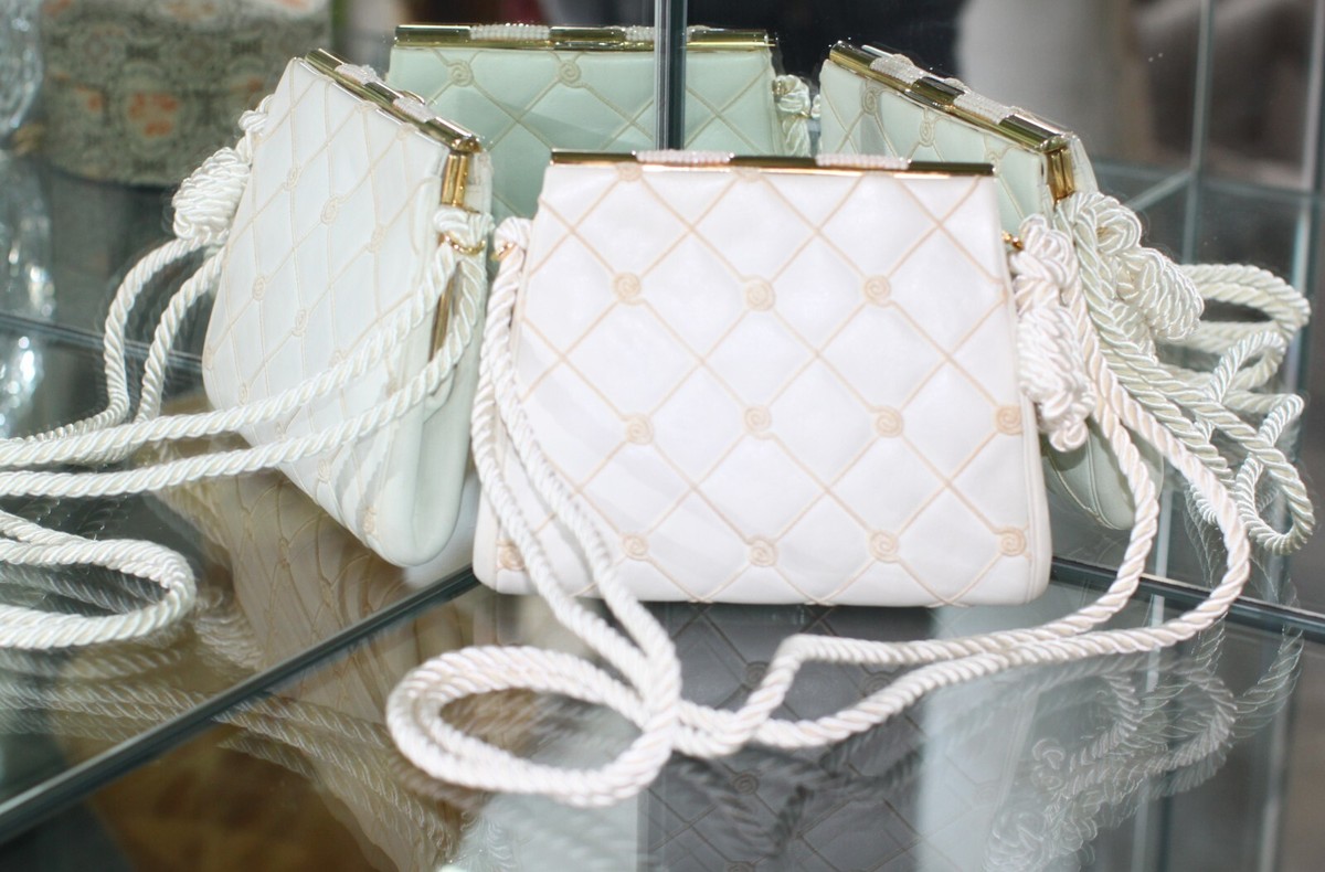 JUDITH LEIBER SWAROVSKI CRYSTAL CREAM OFF WHITE QUILTED MINAUDIERE