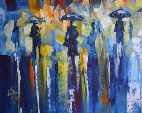 Original Acrylic Cityscape 20x27 People with Umbrellas Signed OOAK Wall Art Gift - Picture 5 of 9