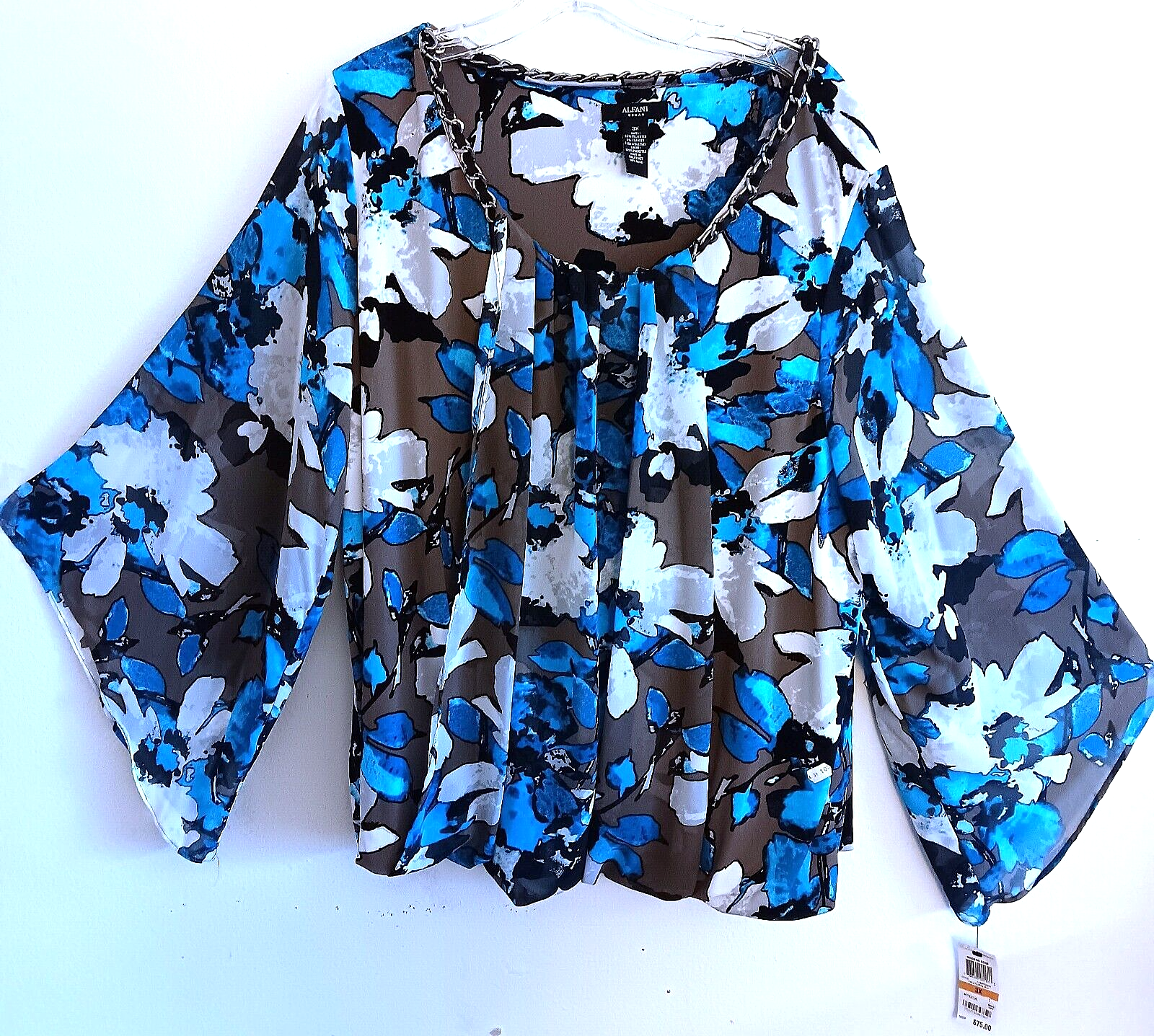Alfani Woman Black White Turquoise Top Blouse Shirt Flair Sleeves 3X NEW