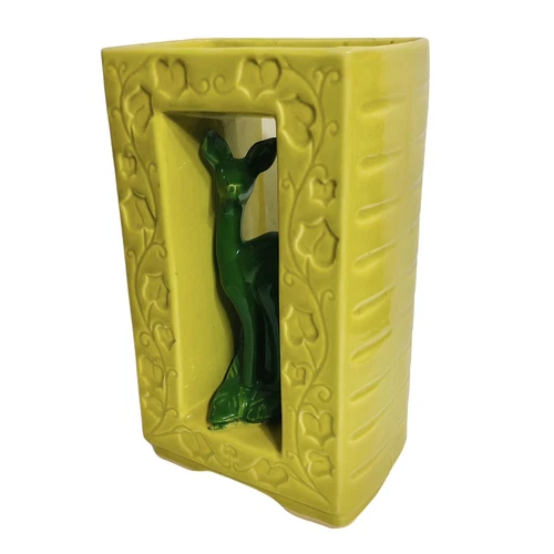 Vintage Shawnee Pottery Double Vase 850 Chartreuse Green Deer Ivy Mid Century