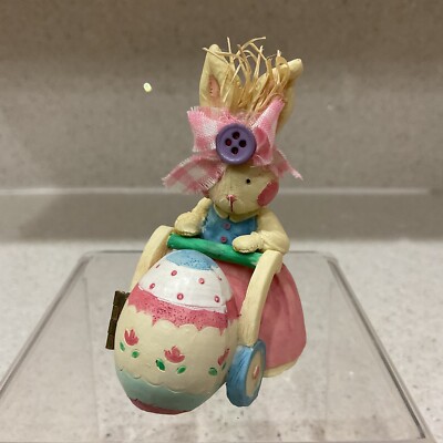 Vtg Mama Bunny pushing an Egg Stroller w/Baby Bunny in Egg w/Carrot 3''