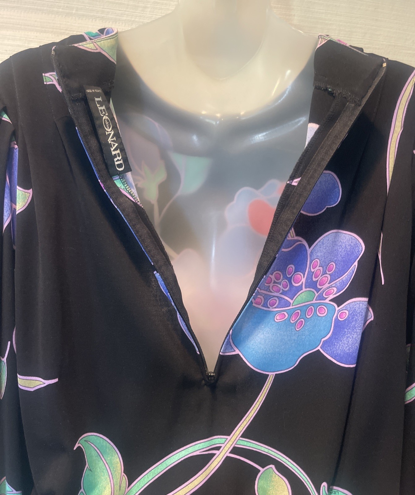 LEONARD Paris Black/Lavender Floral Silk Mikado Knit Cuffs Blouson Top~XS~EUC