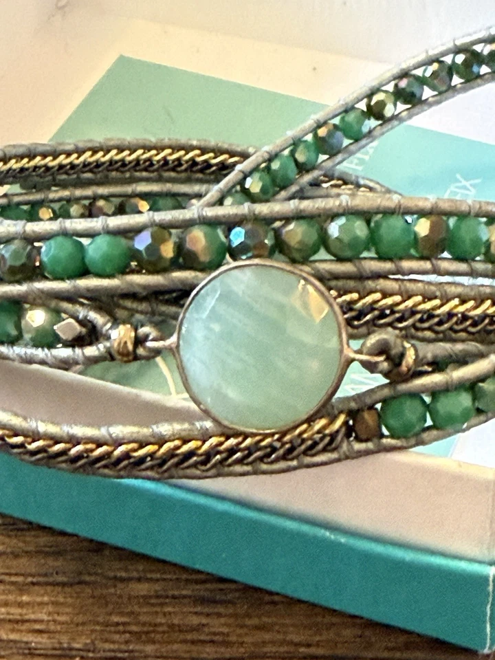 Новый Nakamol блестящий надежном браслет w зеленый кристалл бисер золото сплетенный серый кожаный - Изображение 2 из 4