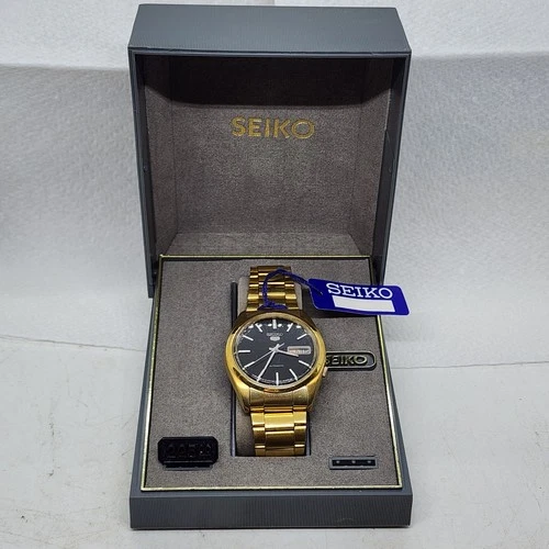 Vtg SEIKO 5 Automatic Mens Wrist Watch Black Dial Gold Tone In Presentation Box