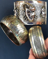 Lot of 3 Vintage Silver Tone Cuff Bracelets | Drama Masks, Double Abalone Heart