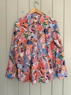 Talbots Cotton Button Front Shirt Top L Large Marvelous Floral Colorful Orange
