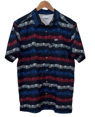 Columbia Men s PFG Super Slack Tide Camp USA Flag Fish Button Down Shirt Medium