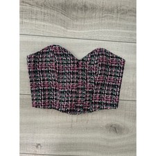 Zara Tweed Corset Top Pink Black Green Plaid Sweetheart Bustier Crop M