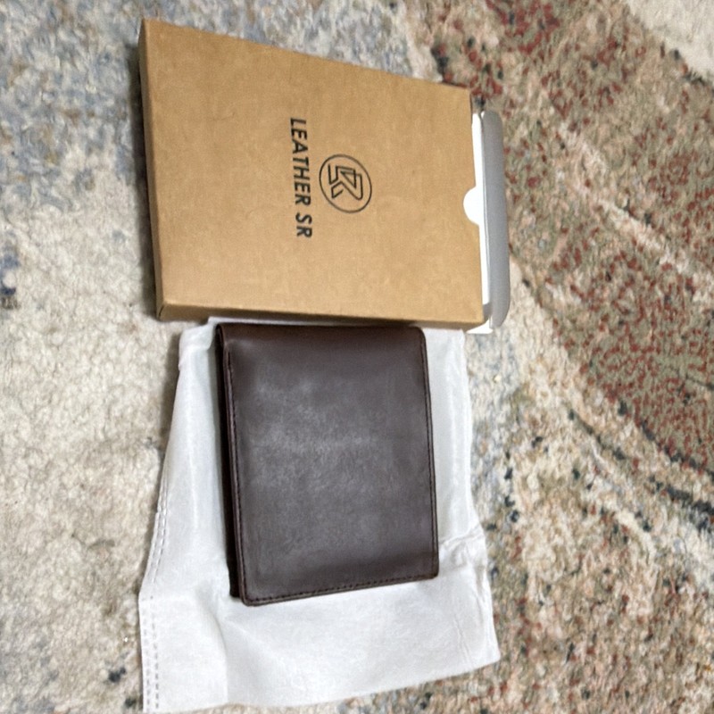 Leather SR men wallet brown bifold folding credit card slots solid logo