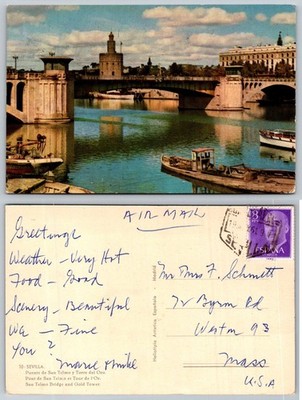 Vintage SEVILLE Spain Postcard Torre del Oro & San Telmo Bridge Posted 1961