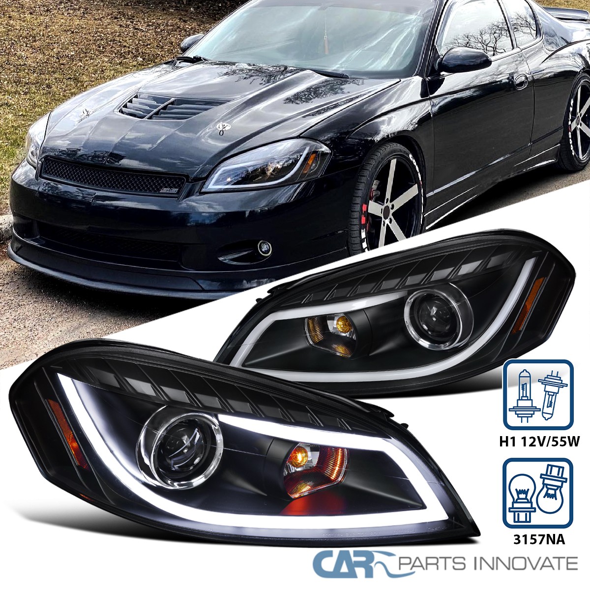 Black Fits 2006-2013 Chevy Impala LED Strip Projector Headlights